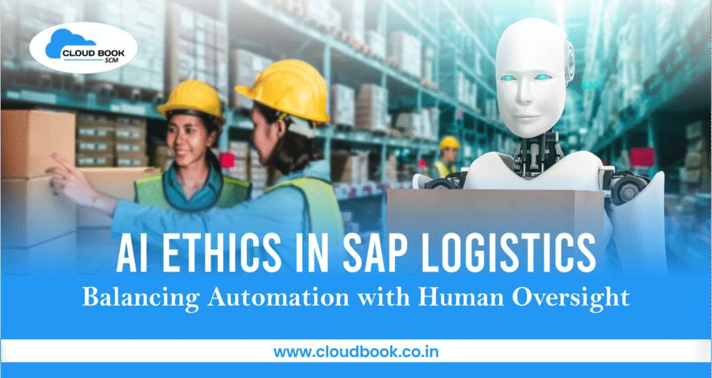 AI robot and human workers in a warehouse, representing AI ethics in SAP logistics